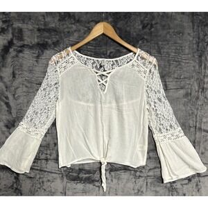 Mudd Women's‎ Medium White Gauze Sheer Top Lace Bell Sleeve Tie Hem Y2K Grunge